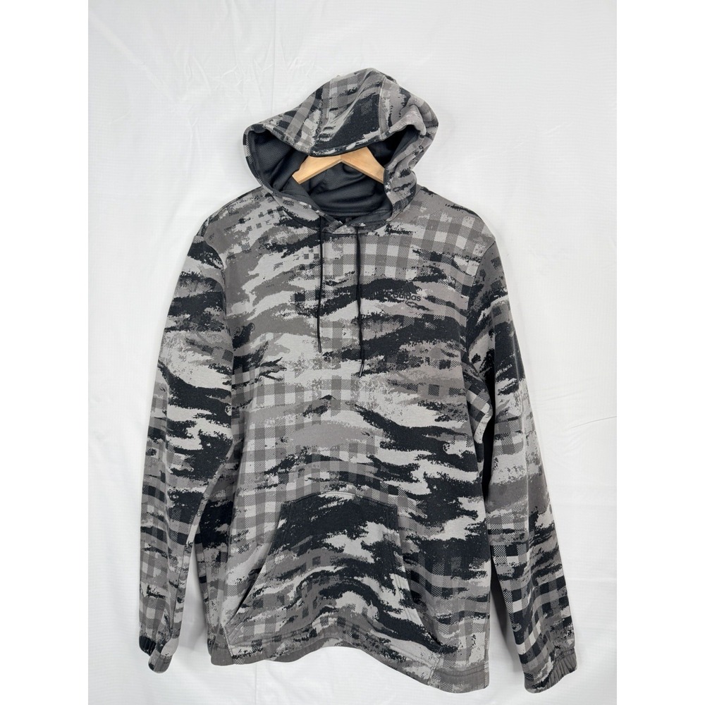 Adidas Mens Camo Plaid Hoodie Grey Black Fleece Pullover Medium